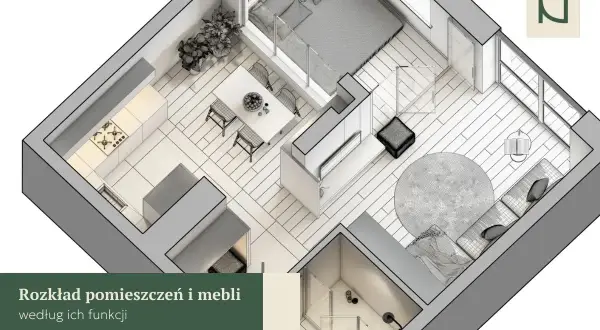 Projekt mieszkania z kuchnią, jadalnią, sypialnią i salonem, z uwzględnieniem zasad feng shui dla harmonii i przepływu energii.