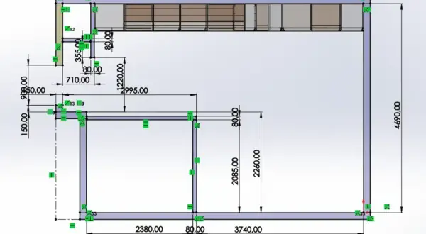 Rysunek techniczny z wymiarami szafek kuchennych. Pokazuje rozmieszczenie i gabaryty poszczególnych modułów.