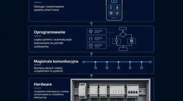 Schemat systemu smart home: interfejs, oprogramowanie, magistrala komunikacyjna i hardware z modułami, gdzie każdy czujnik jest kluczowym elementem.
