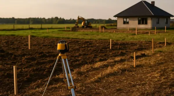 Precyzyjne tyczenie fundamentów pod dom. Odrolnienie działki w toku, niwelator laserowy i koparka w tle wskazują na początek budowy.