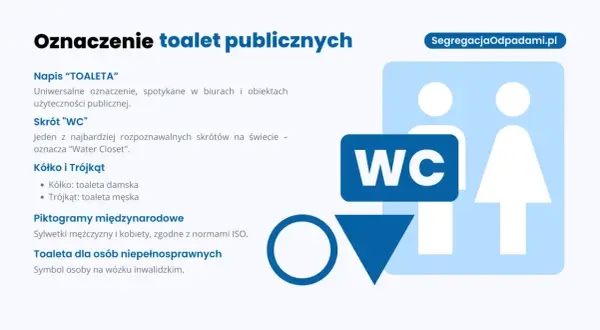Oznaczenia toalet: napis "TOALETA", skrót "WC", piktogramy kółka (damska) i trójkąta (męska), sylwetki ISO, symbol osoby na wózku.