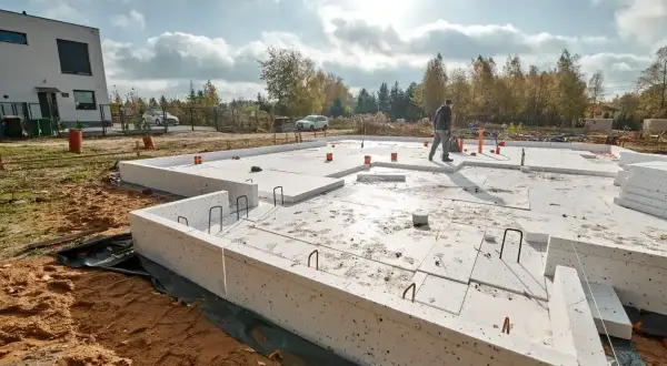 Fundament domu z płyt izolacyjnych, widoczne zbrojenie rozproszone. W tle nowoczesny budynek i drzewa.