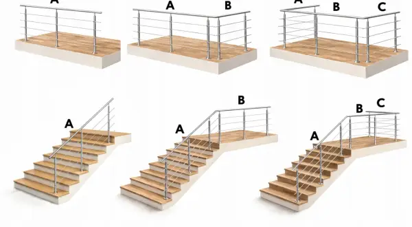 Przykłady mocowania balustrady od czoła na schodach i tarasach. Różne konfiguracje słupków i poręczy.