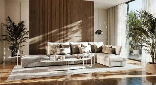 Przytulny salon w stylu japandi z dużą, wygodną sofą, drewnianą ścianą i roślinami.