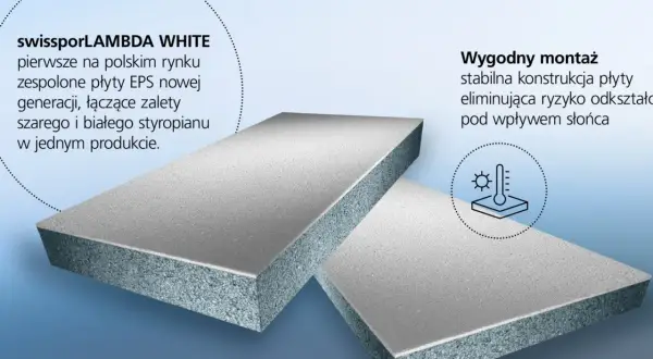 Dwie płyty styropianu EPS, szaro-białe, z widocznym przekrojem. Produkt łączy zalety szarego i białego styropianu.