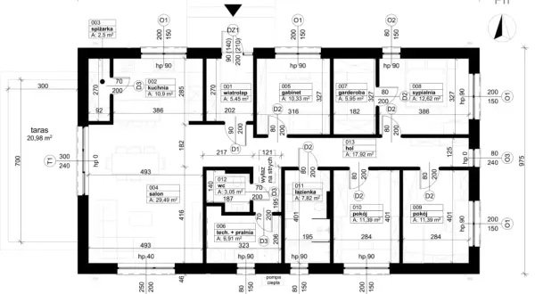 Plan parteru z podziałem na pomieszczenia, wymiarami i oznaczeniami, pomocny przy szacowaniu kosztorysów etapów budowy domu.