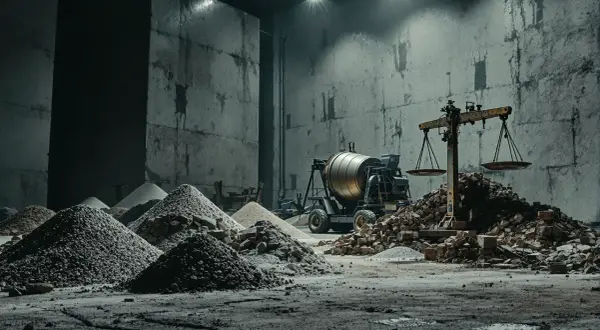 Waga pokazuje, ile kosztuje kubik betonu. W tle betoniarka i sterty materiałów budowlanych.