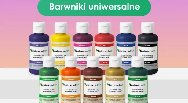 Kolorowe barwniki do żywic mineralnych Naturcolor, w tym odcienie jak szelak, w buteleczkach po 100g.