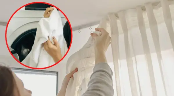 Jak prać firanki? Włóż je do pralki, a potem powieś z powrotem na karniszu.