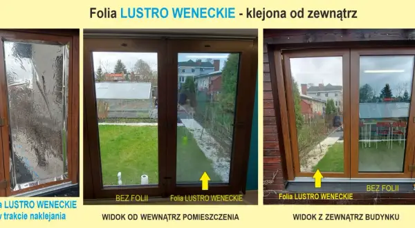 Folia LUSTRO WENECKIE na oknie. Pokazano efekt przed i po aplikacji, widok z zewnątrz i od wewnątrz.