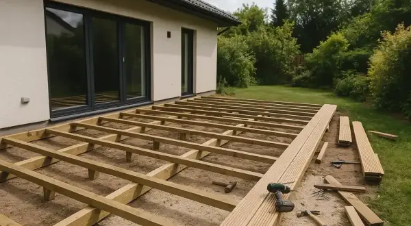 Budowa tarasu w toku. Drewniany stelaż czeka na deski, obok leżą narzędzia i materiały.