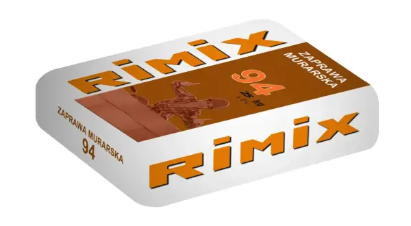 Zaprawa murarska Rimix 94, 25 kg. Budowlaniec z uśmiechem pokazuje, jak łatwo można murować z tą zaprawą.