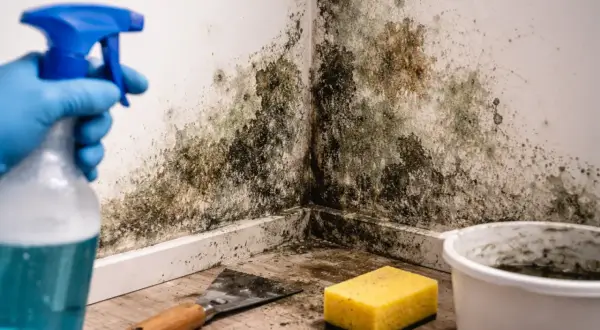 Rękawica w niebieskiej rękawiczce trzyma butelkę z płynem do czyszczenia, celując w narożnik ściany pokryty ciemnym grzybem. Obok leżą szpachelka i gąbka.