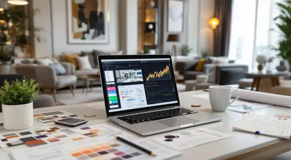 Laptop z wykresem, próbki kolorów, kalkulator i notatki na biurku. To miejsce pracy architekta wnętrz, który zastanawia się, ile zarabia.