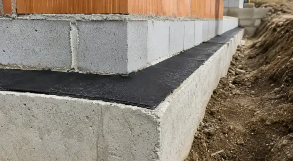 Budowa domu: widoczna izolacja pozioma fundamentów, beton, pustaki i cegła.