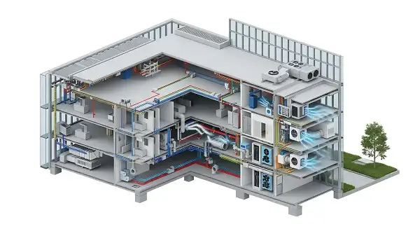 Przekrój budynku pokazuje system HVAC: ogrzewanie, wentylacja i klimatyzacja. Rury i kanały rozprowadzają powietrze i płyny.
