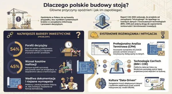 Infografika o przyczynach opóźnień w budownictwie. Kluczowe bariery to paraliż decyzyjny, wzrost kosztów i wadliwa dokumentacja. Rozwiązania to analiza terminowa, technologie ConTech i kultura "data-driven", wspierające projekt budowlany.