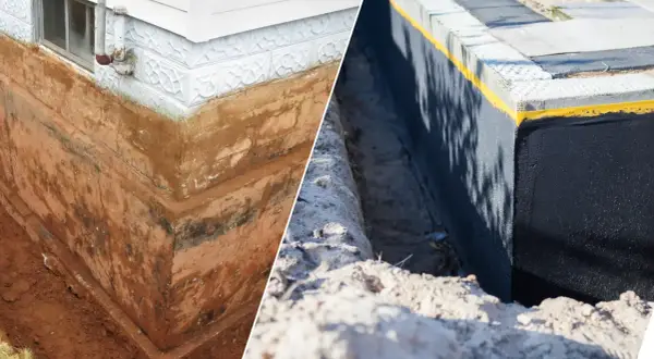 Porównanie: stary, wilgotny fundament z widocznymi warstwami ziemi i nowy, zabezpieczony izolacją pionową fundamentów.