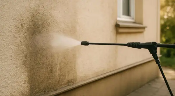 Czyszczenie na wysokości: strumień wody z myjki ciśnieniowej usuwa brud z elewacji.