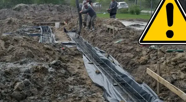 Budowa fundamentu: pracownicy wylewają beton do wykopu zbrojeniowego.