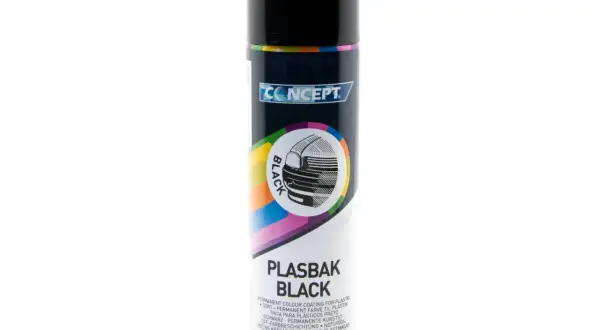Czarna farba w sprayu Concept Plasbak Black. Idealna jako trwała farba do plastiku na zewnątrz, odnawia elementy samochodowe.