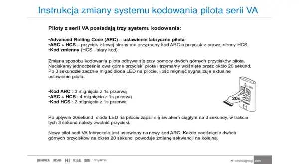 Instrukcja jak zaprogramować pilot do bramy serii VA. Opisuje zmianę systemu kodowania pilota, np. ARC, ARC+HCS, HCS.