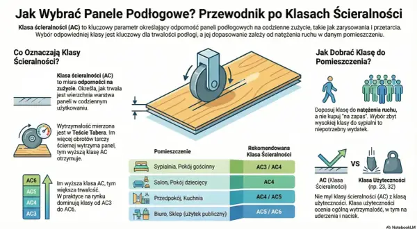 Ilustracja wyjaśnia klasę ścieralności paneli podłogowych (AC), pokazując test zużycia i rekomendacje dla pomieszczeń.