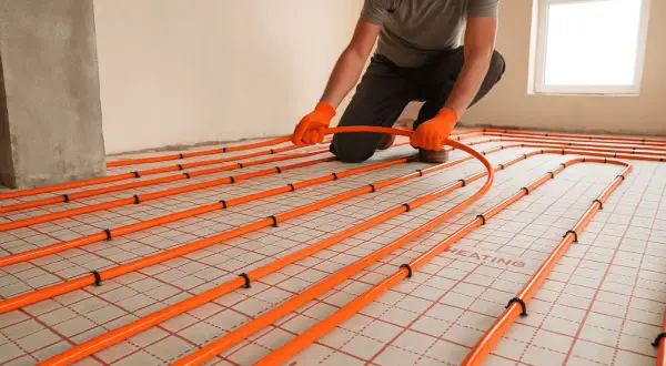 Instalator układa pomarańczowe rury systemu ogrzewania podłogowego. To kluczowy etap prac, by wybrać odpowiednie panele na ogrzewanie podłogowe.