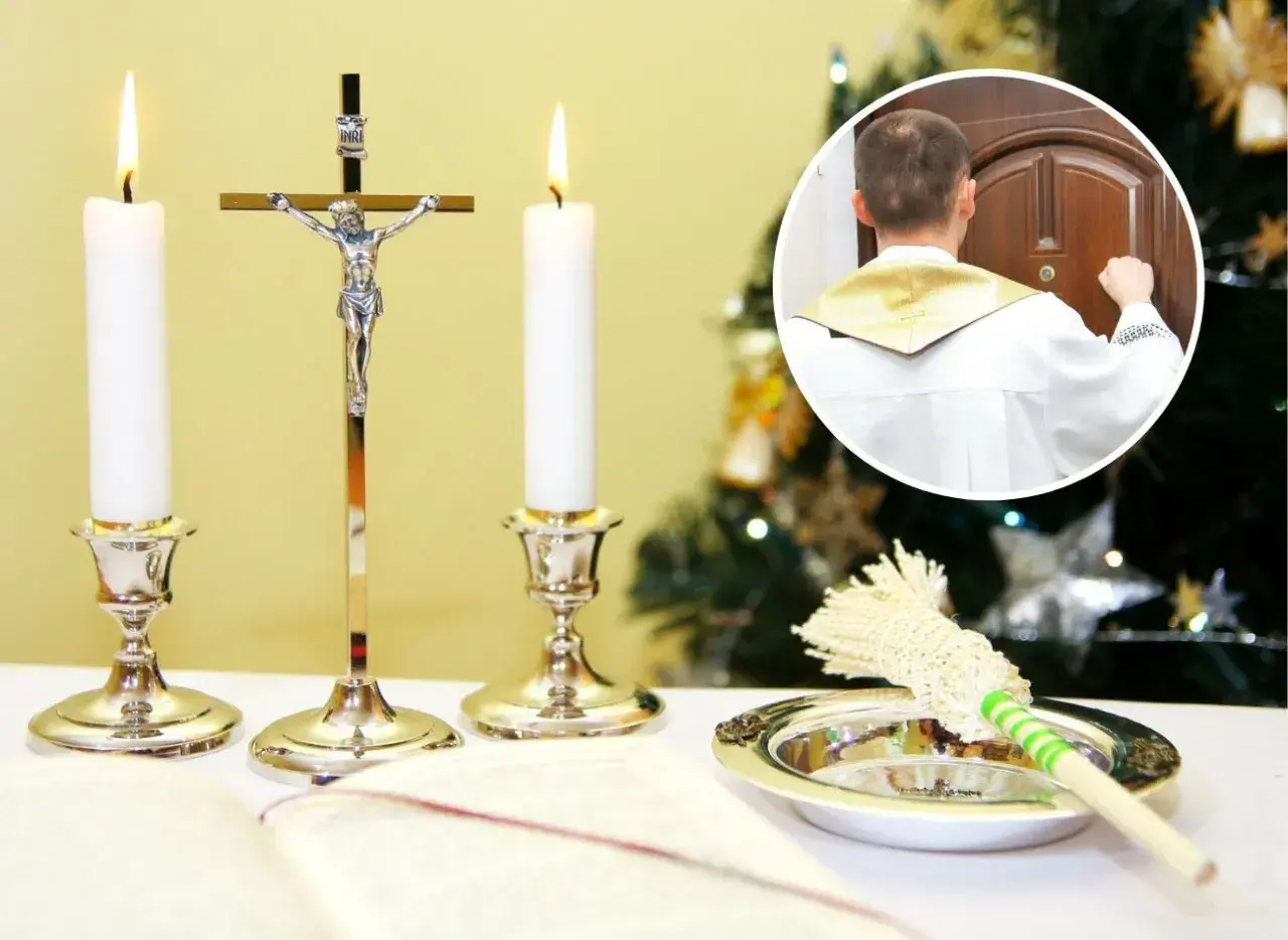 Jak przygotować stół na kolędę: krzyż, świece, kropidło i księga zapowiadają wizytę duszpasterza.