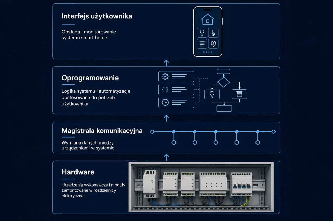 Schemat systemu smart home: interfejs, oprogramowanie, magistrala komunikacyjna i hardware z modułami, gdzie każdy czujnik jest kluczowym elementem.