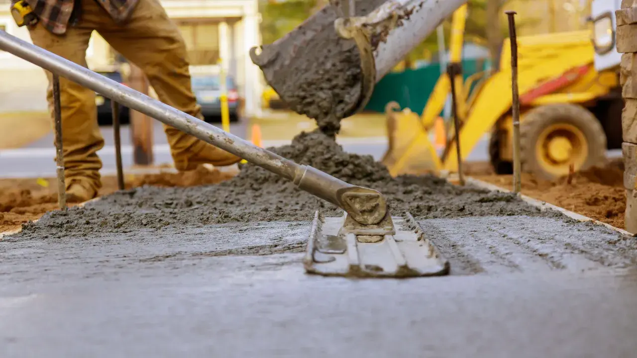 Pracownik budowlany wyrównuje świeży beton, który właśnie wylano z betoniarki. To idealny moment, by sprawdzić, jaki beton na chudziaka będzie najlepszy. W tle widać koparkę.