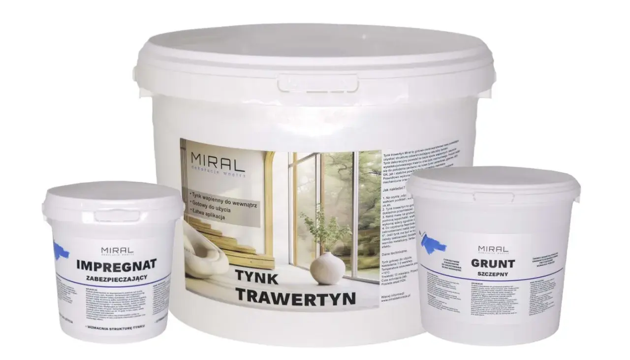 Zestaw produktów Miral: tynk trawertyn, impregnat i grunt. Idealne do stworzenia dekoracyjnej, naturalnej struktury na ścianach.