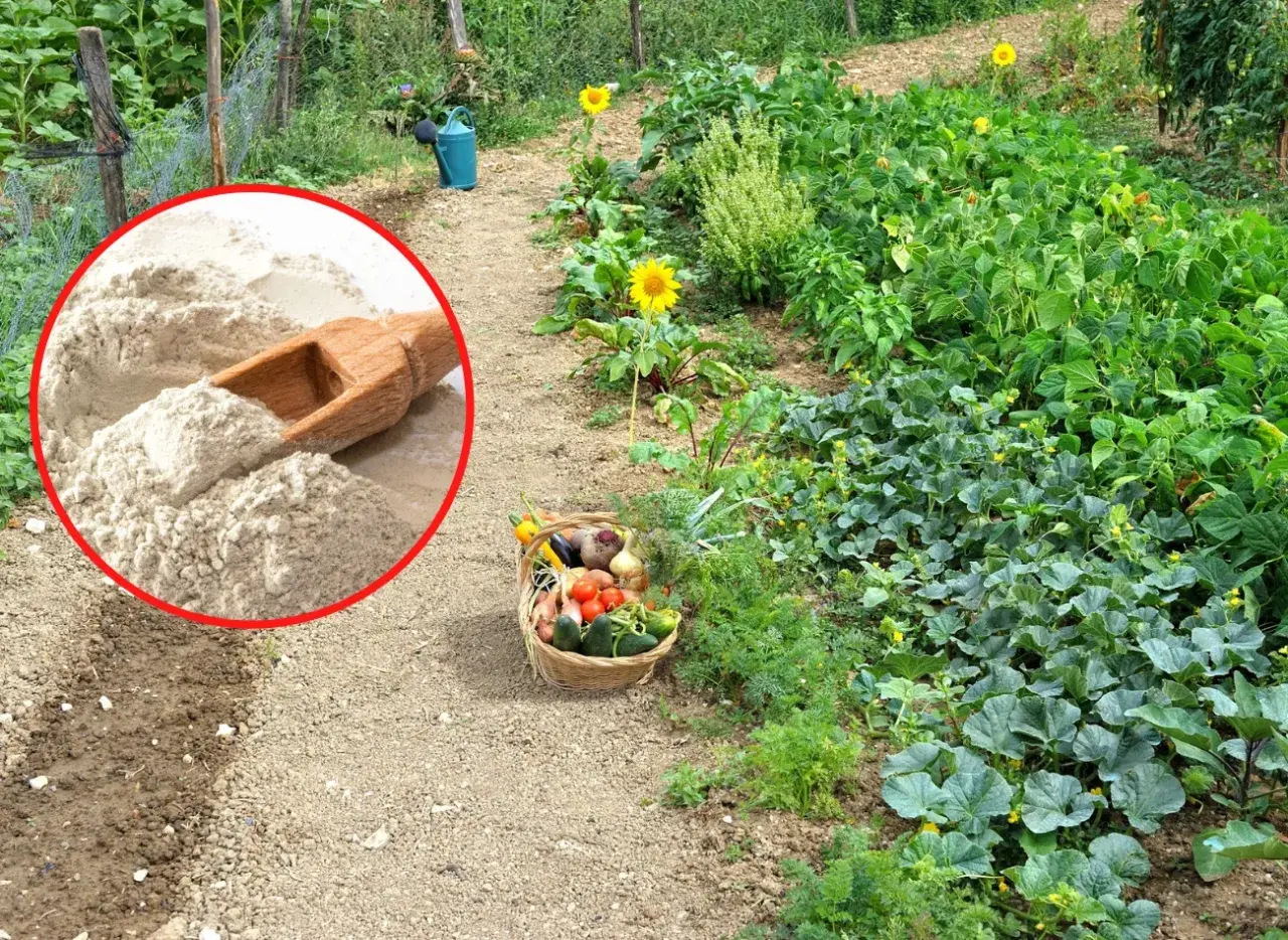 Mączka bazaltowa w ogrodzie, obok koszyka z warzywami. Czy mączka bazaltowa jest szkodliwa? To naturalny nawóz, który wspiera wzrost roślin.