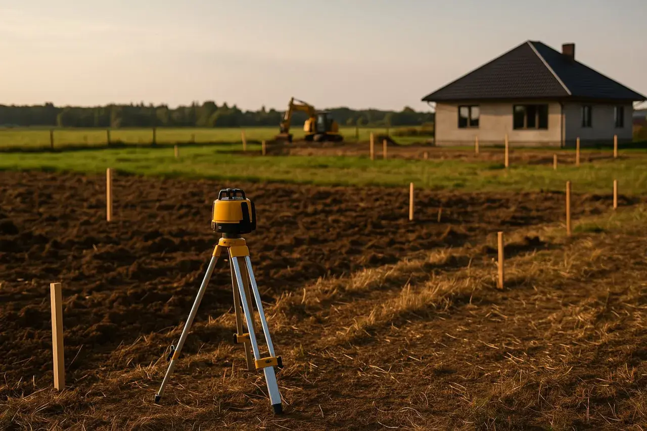 Precyzyjne tyczenie fundamentów pod dom. Odrolnienie działki w toku, niwelator laserowy i koparka w tle wskazują na początek budowy.