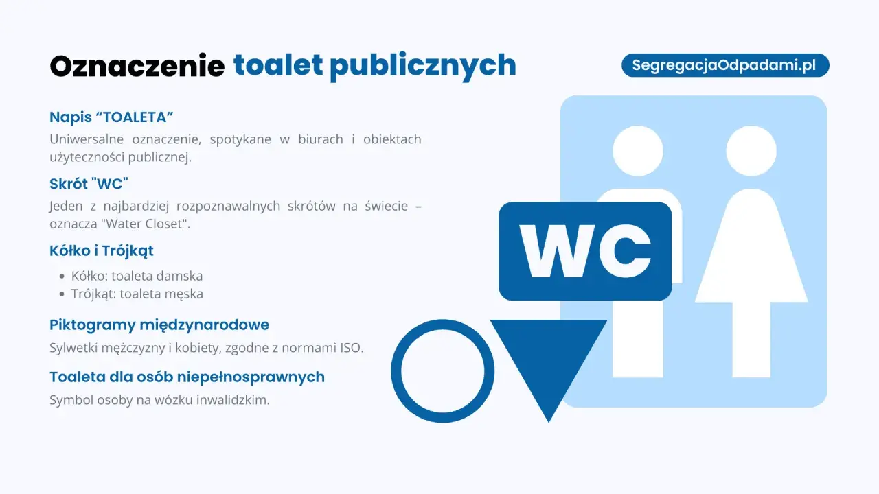 Oznaczenia toalet: napis "TOALETA", skrót "WC", piktogramy kółka (damska) i trójkąta (męska), sylwetki ISO, symbol osoby na wózku.
