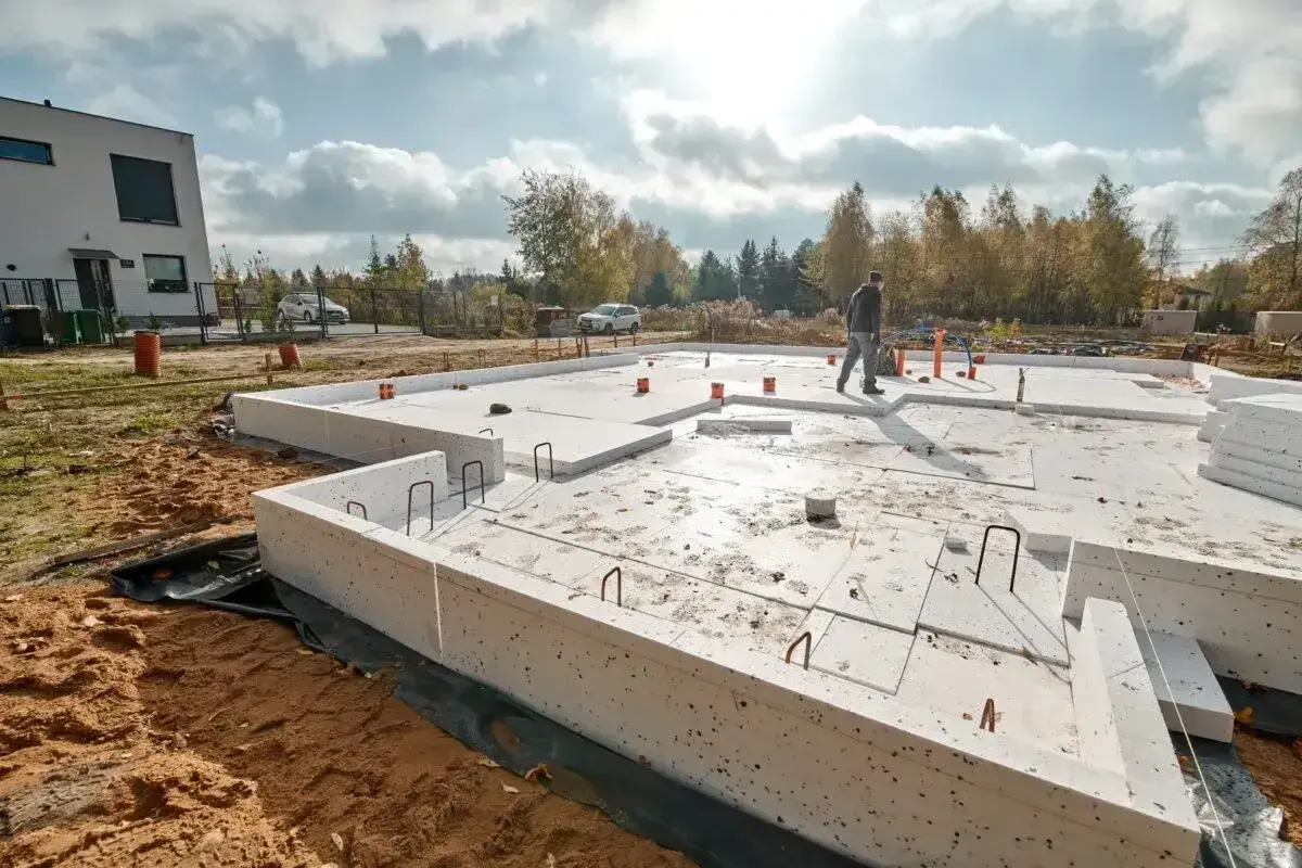 Fundament domu z płyt izolacyjnych, widoczne zbrojenie rozproszone. W tle nowoczesny budynek i drzewa.