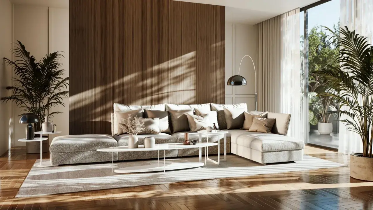 Przytulny salon w stylu japandi z dużą, wygodną sofą, drewnianą ścianą i roślinami.