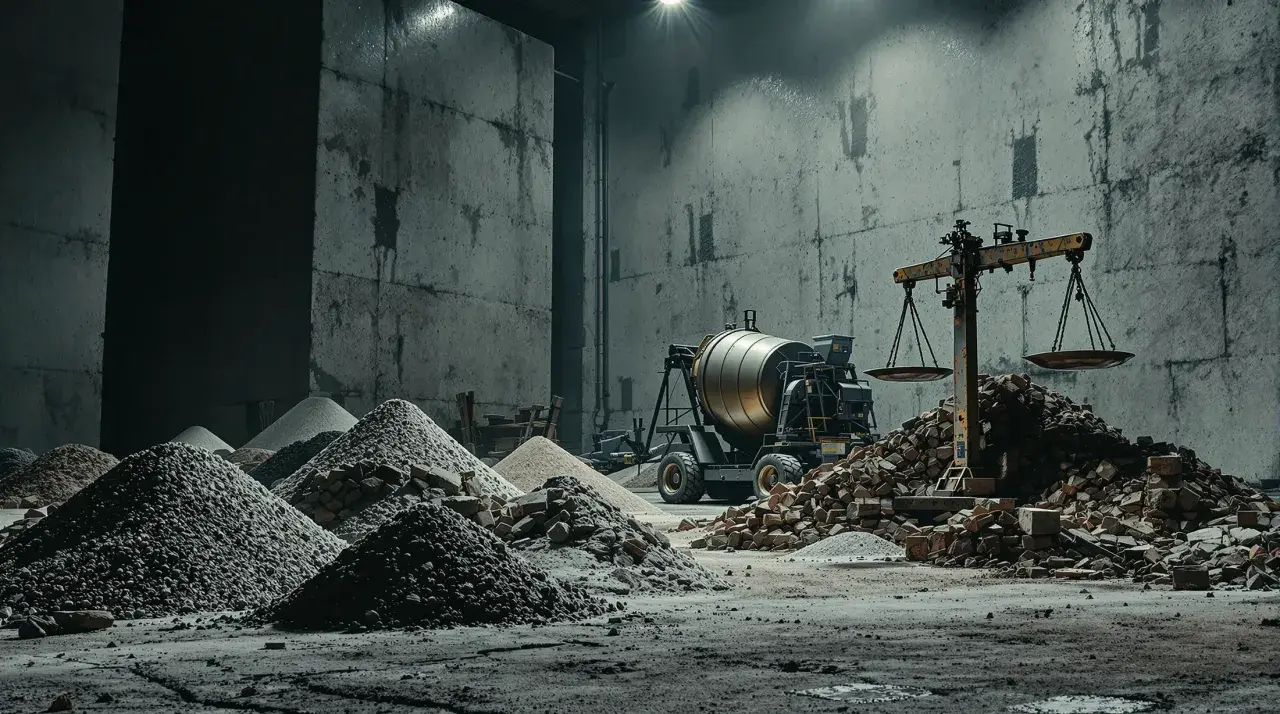 Waga pokazuje, ile kosztuje kubik betonu. W tle betoniarka i sterty materiałów budowlanych.