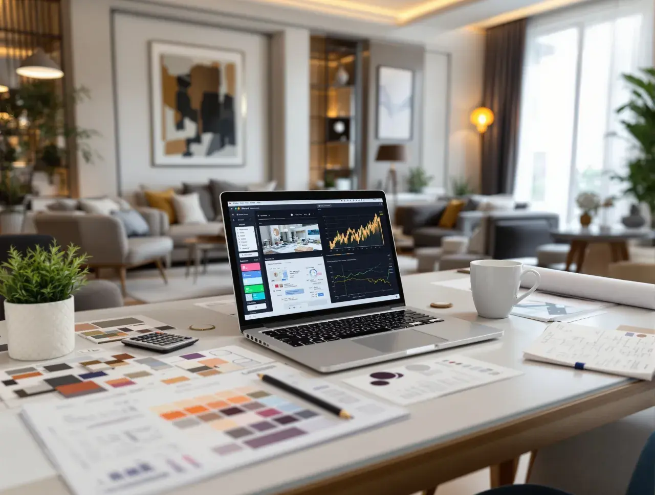 Laptop z wykresem, próbki kolorów, kalkulator i notatki na biurku. To miejsce pracy architekta wnętrz, który zastanawia się, ile zarabia.