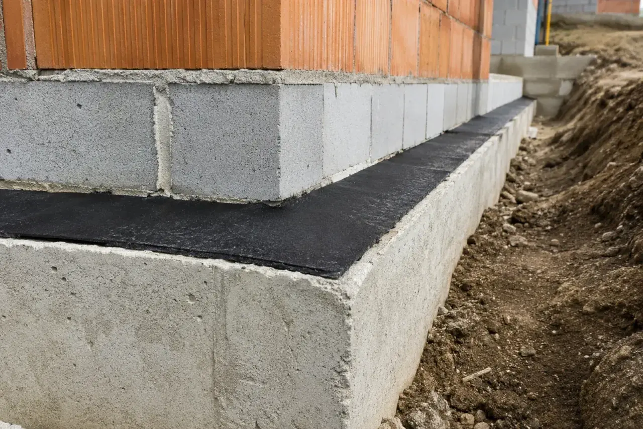 Budowa domu: widoczna izolacja pozioma fundamentów, beton, pustaki i cegła.