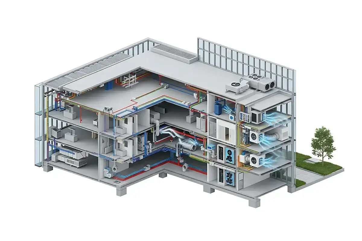 Przekrój budynku pokazuje system HVAC: ogrzewanie, wentylacja i klimatyzacja. Rury i kanały rozprowadzają powietrze i płyny.