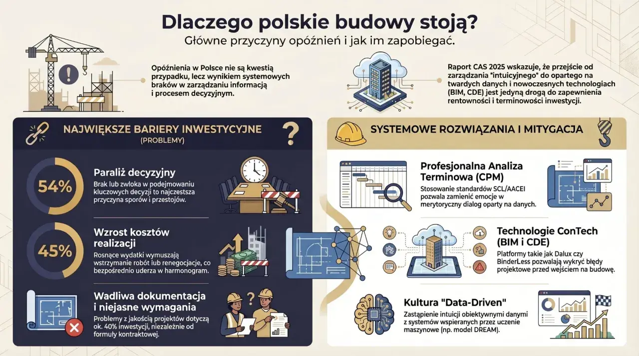 Infografika o przyczynach opóźnień w budownictwie. Kluczowe bariery to paraliż decyzyjny, wzrost kosztów i wadliwa dokumentacja. Rozwiązania to analiza terminowa, technologie ConTech i kultura "data-driven", wspierające projekt budowlany.