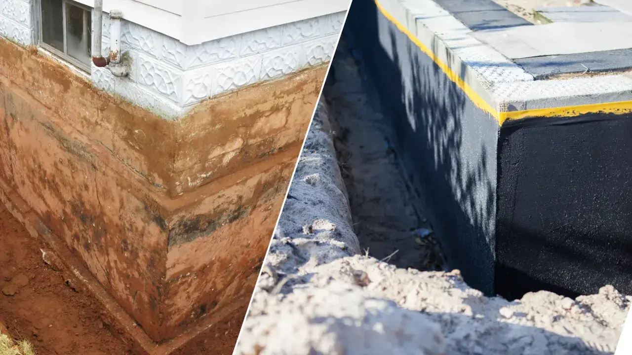 Porównanie: stary, wilgotny fundament z widocznymi warstwami ziemi i nowy, zabezpieczony izolacją pionową fundamentów.