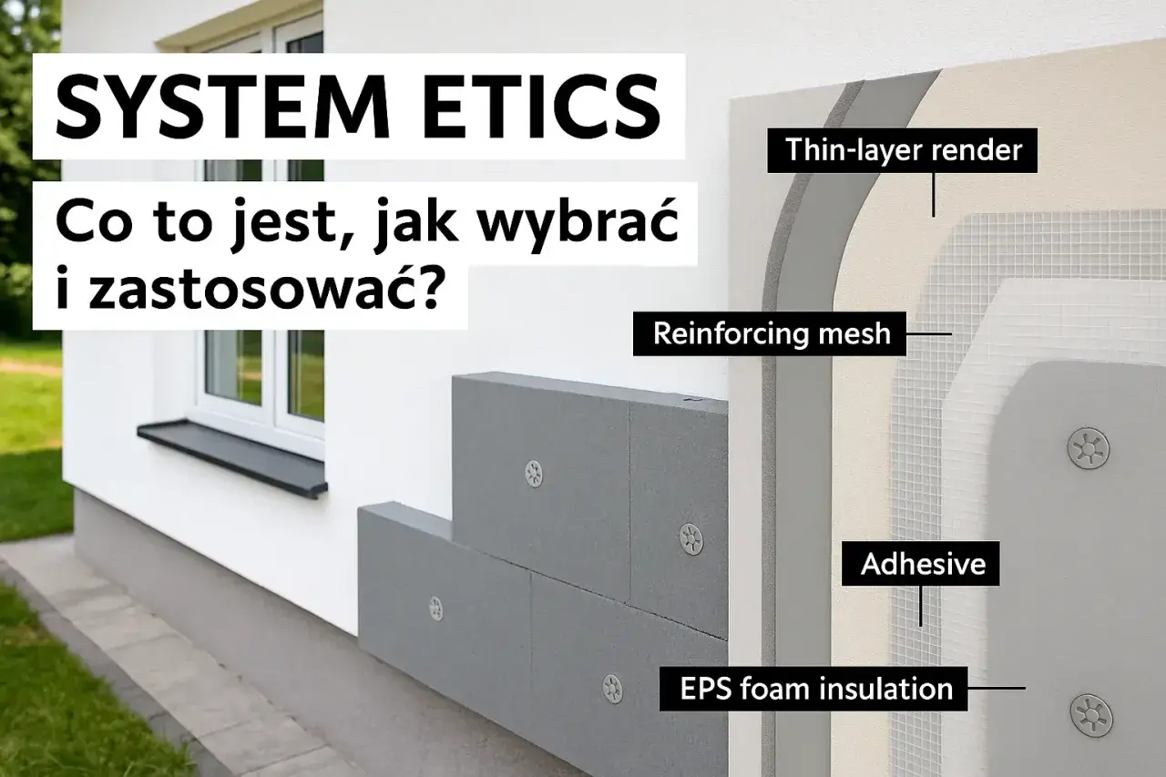 System ETICS z warstwą izolacji z pianki EPS. Schemat pokazuje warstwy: tynk, siatka zbrojąca, klej i płyty EPS.