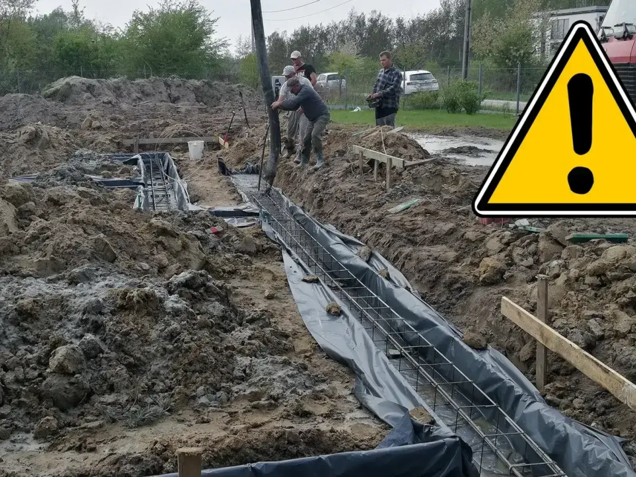 Budowa fundamentu: pracownicy wylewają beton do wykopu zbrojeniowego.