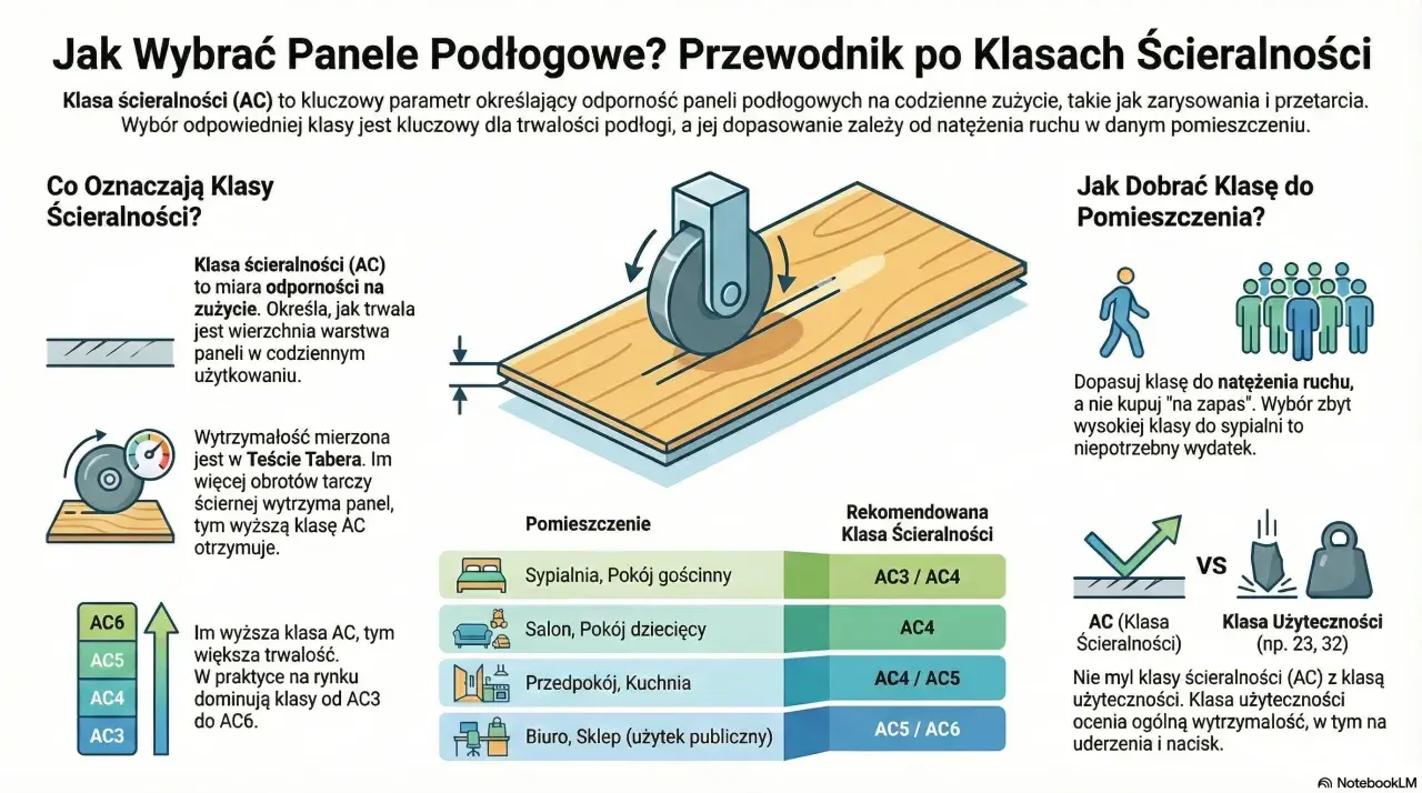 Ilustracja wyjaśnia klasę ścieralności paneli podłogowych (AC), pokazując test zużycia i rekomendacje dla pomieszczeń.
