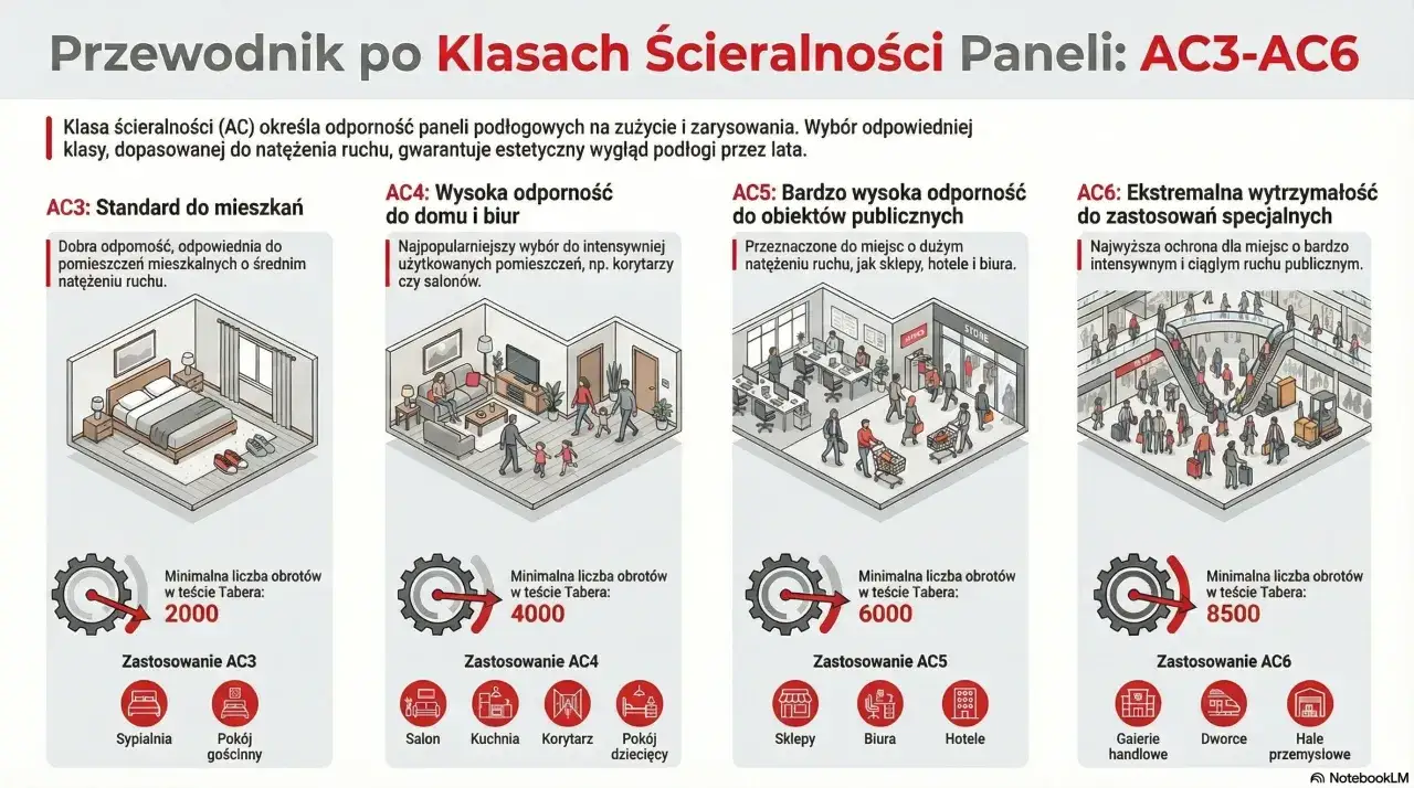 Przewodnik po klasach ścieralności paneli: AC3-AC6. Odporność paneli na zużycie i zarysowania, dopasowana do natężenia ruchu, gwarantuje estetyczny wygląd podłogi.