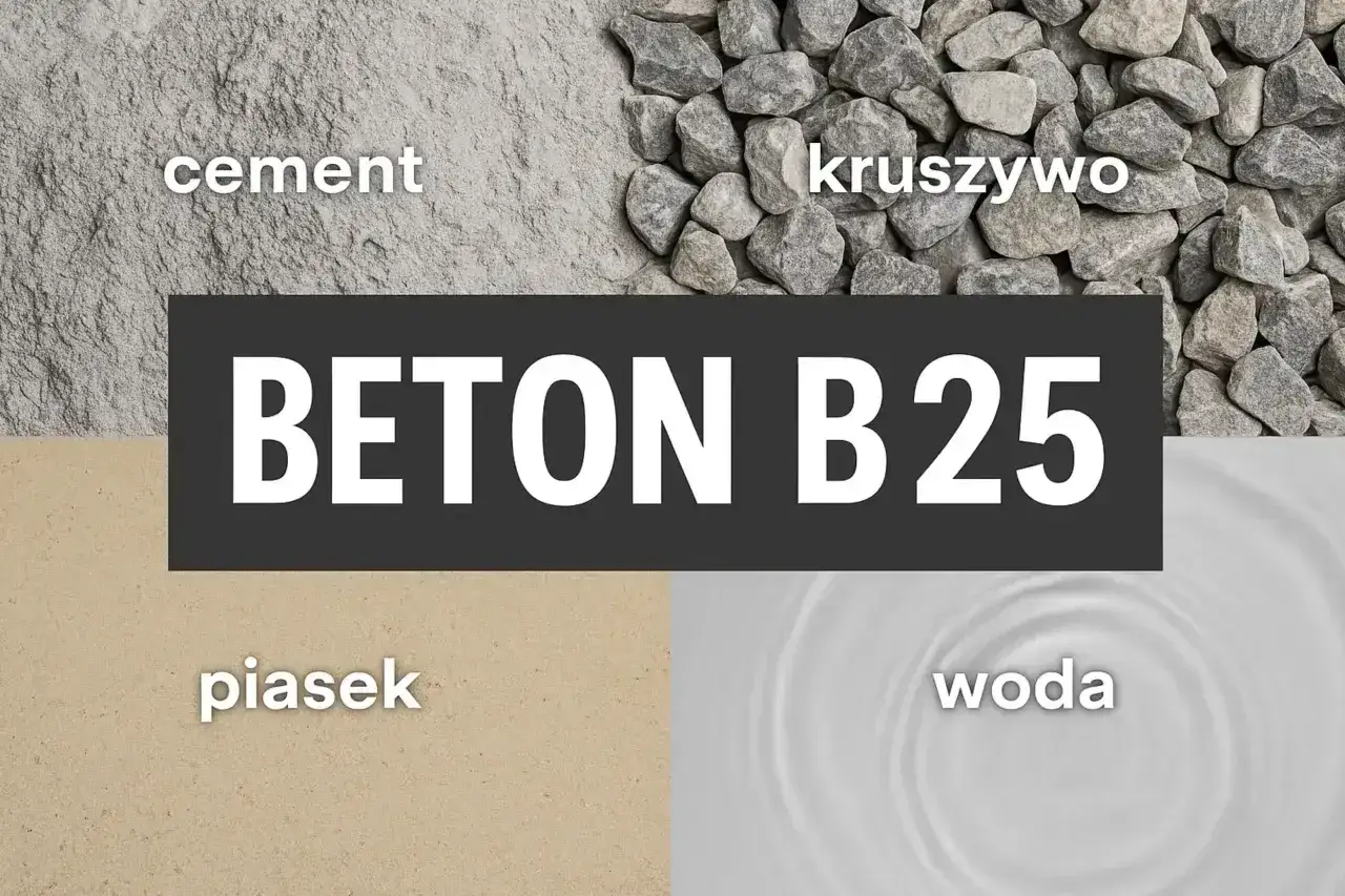 Składniki betonu B25: cement, kruszywo, piasek i woda. Kluczowe proporcje dla wytrzymałości.