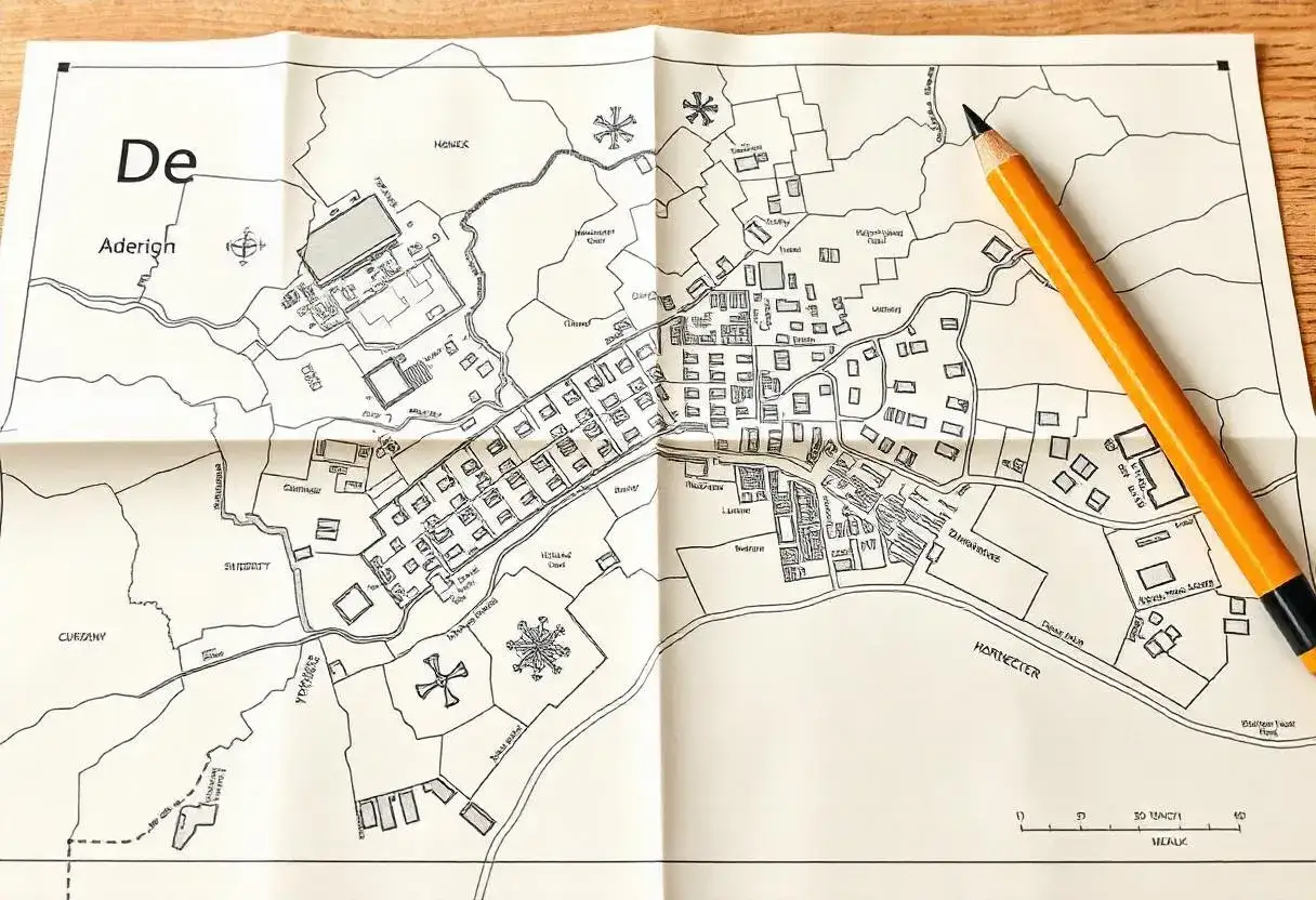 Mapa do celów projektowych przedstawiająca miasto Aderigh z zaznaczonymi budynkami, rzekami i polami. Obok leży ołówek.