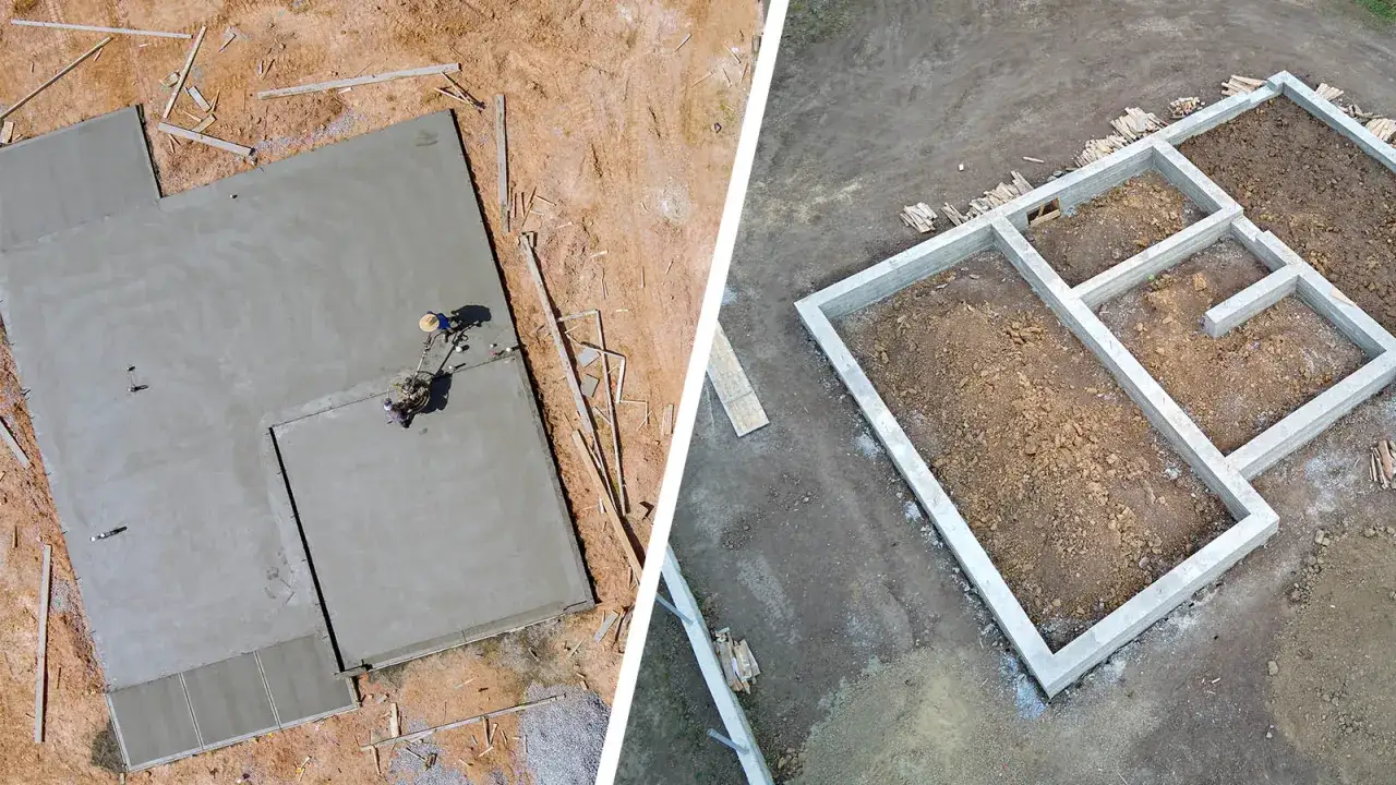 Dwa etapy budowy: wylewanie płyty fundamentowej i gotowy fundament z betonu.